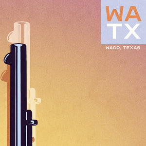 detail of Bold graphic giclée art print of two Six Shooter guns with the words “Texas Rangers Hall of Fame & Museum”. Print has a gradient background of yellow orange and additional words “For a rootin’ tootin’ good time visit”.
