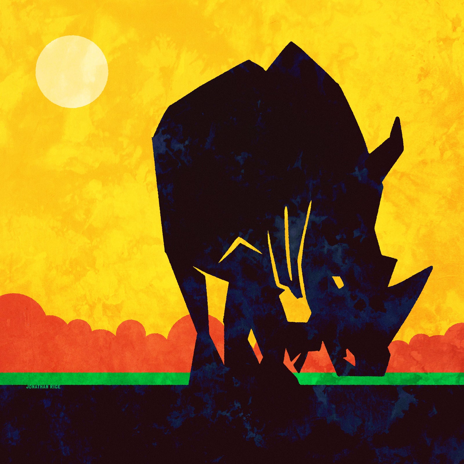 Primitive art print of an African Rhinoceros on the savannah created in a mid-century modern style with bold gold, red, green and black colors.