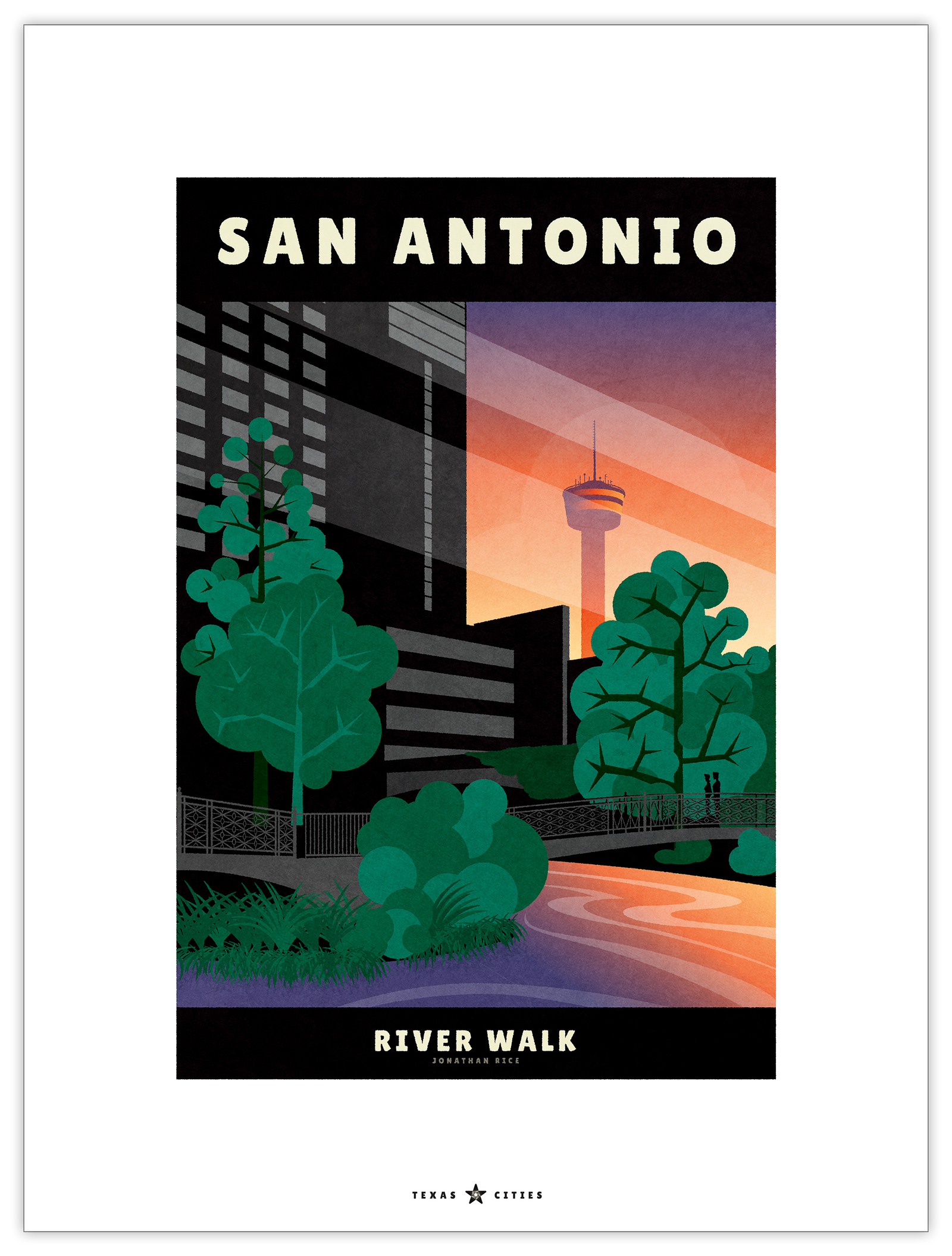 Giclée art print travel poster of The River Walk in San Antonio, Texas at sunset with the Tower of the Americas in the background