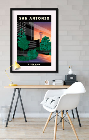 Giclée art print travel poster of The River Walk in San Antonio, Texas at sunset with the Tower of the Americas in the background