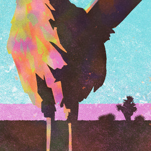 Detail of Modern style giclée art print of a roadrunner in West Texas. It features dusty cool background colors, bright warm foreground colors and gritty texture with a minimalist western landscape in the background.
