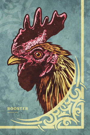 Bold graphic giclée art print of a Rooster. Print is a portrait of a Rooster next to a beautiful graphic ornament on a Blue Green background with the word “Rooster” below.