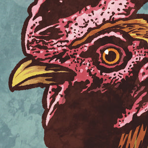 Detail of Bold graphic giclée art print of a Rooster. Print is a portrait of a Rooster next to a beautiful graphic ornament on a Blue Green background with the word “Rooster” below.