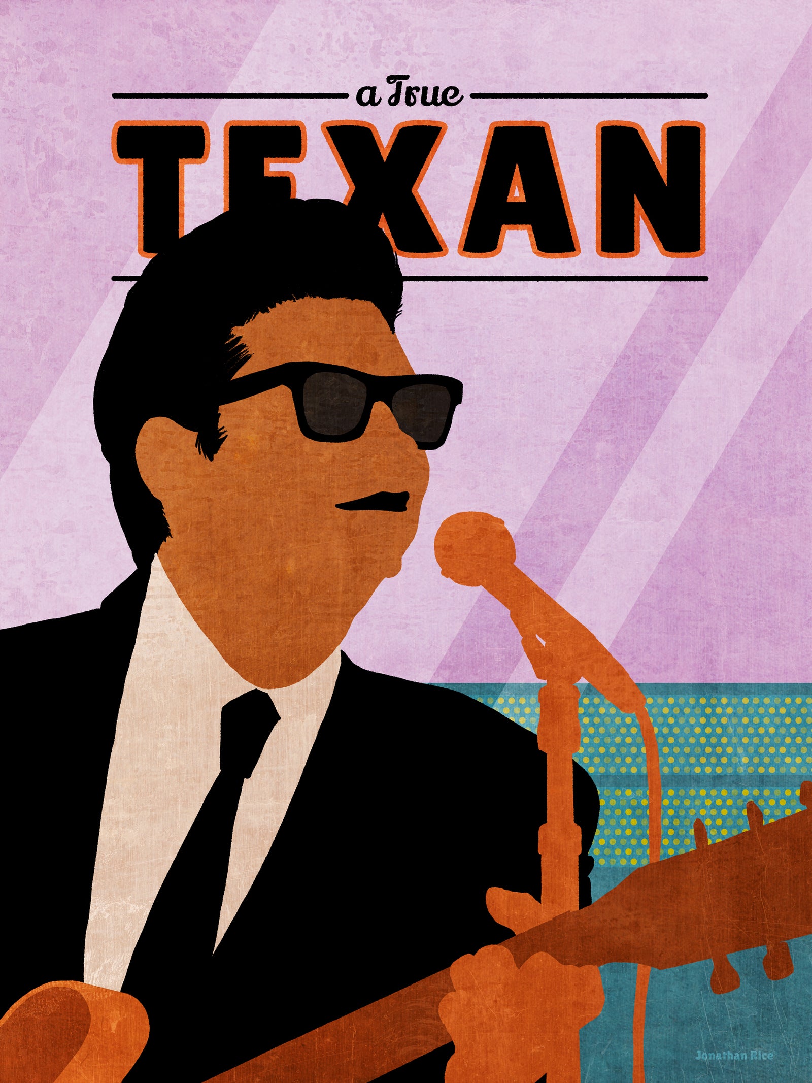 Giclee art print silhouette poster of True Texan Roy Orbison wtih guitar and microphone..