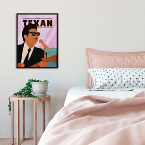 Giclee art print silhouette poster of True Texan Roy Orbison wtih guitar and microphone..