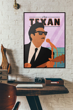 Giclee art print silhouette poster of True Texan Roy Orbison wtih guitar and microphone..