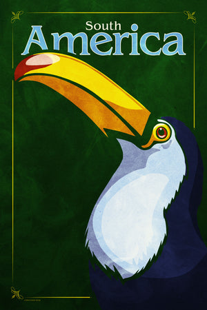 Bold graphic giclée art print of a South American Toucan. Print shows a South American Toucan blending into a dark green background and overlapping the words “South America”.