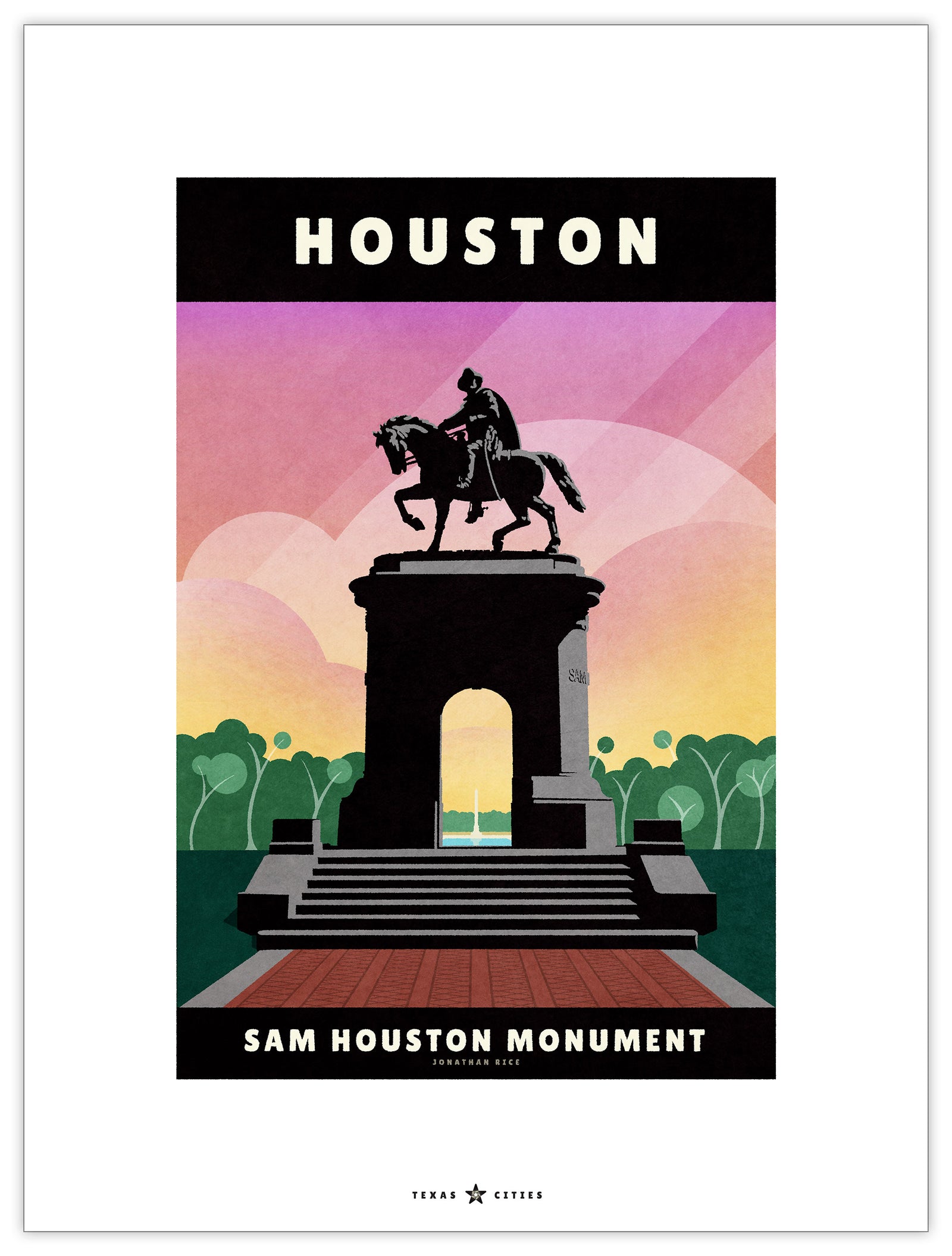 Giclée art print and travel poster of the Sam Houston Monument in Houston, Texas, with trees, water fountain, clouds and sun rays in background.