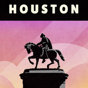 Detail of giclée art print and travel poster of the Sam Houston Monument in Houston, Texas, with trees, water fountain, clouds and sun rays in background.