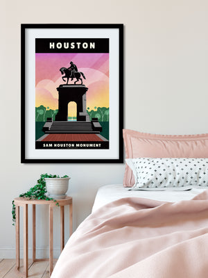 Giclée art print and travel poster of the Sam Houston Monument in Houston, Texas, with trees, water fountain, clouds and sun rays in background.