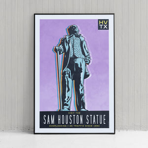 Bold graphic giclée art print of the giant Sam Houston statue with the words “Visit the Sam Houston Statue”. Print is predominately bright purple with a full-length depiction of Sam Houston on it.