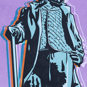 Detail of Bold graphic giclée art print of the giant Sam Houston statue with the words “Visit the Sam Houston Statue”. Print is predominately bright purple with a full-length depiction of Sam Houston on it.