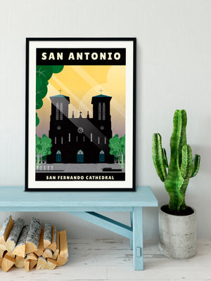 Giclée art print travel poster of the San Fernando Cathedral in the center of San Antonio, Texas.