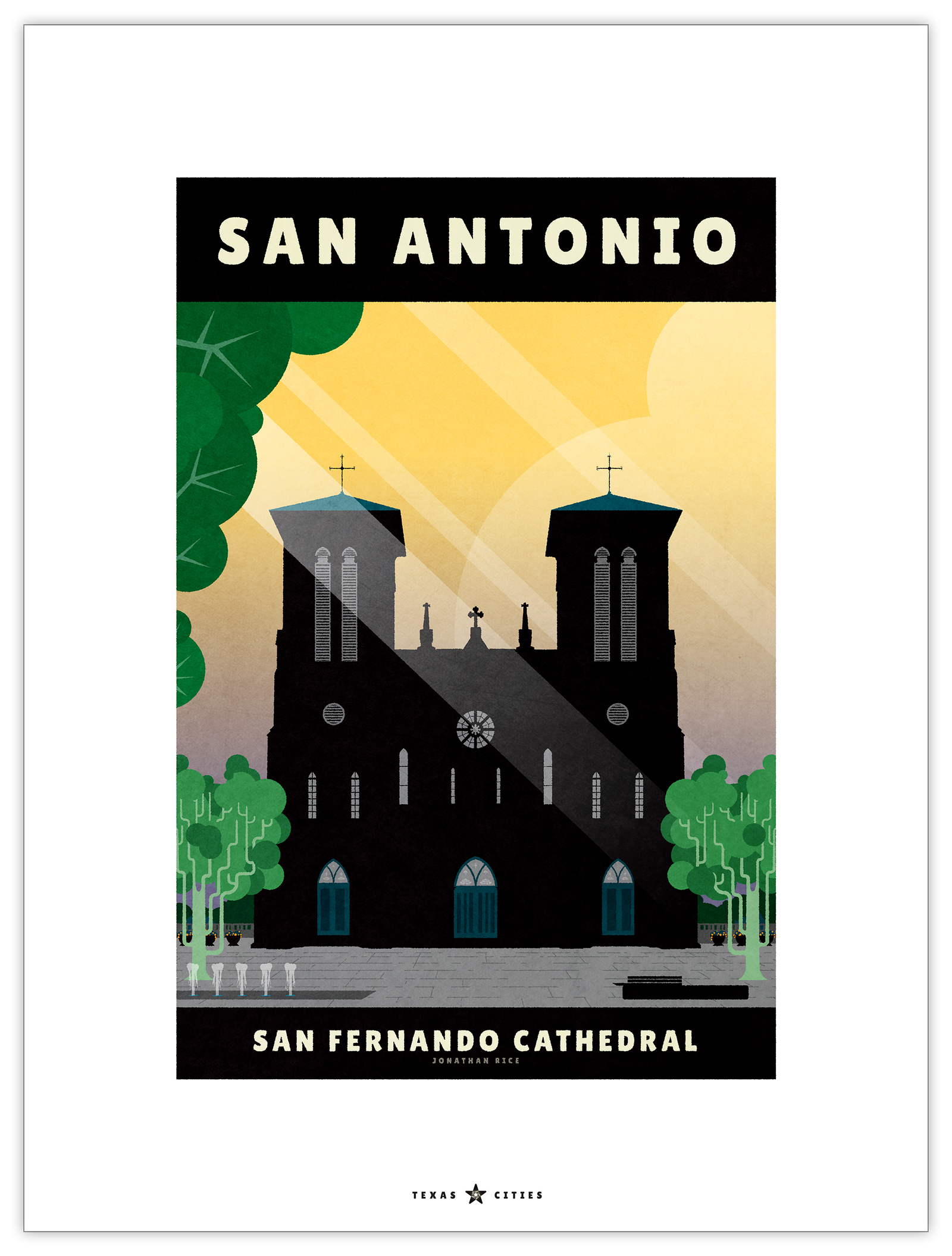 Giclée art print travel poster of the San Fernando Cathedral in the center of San Antonio, Texas.