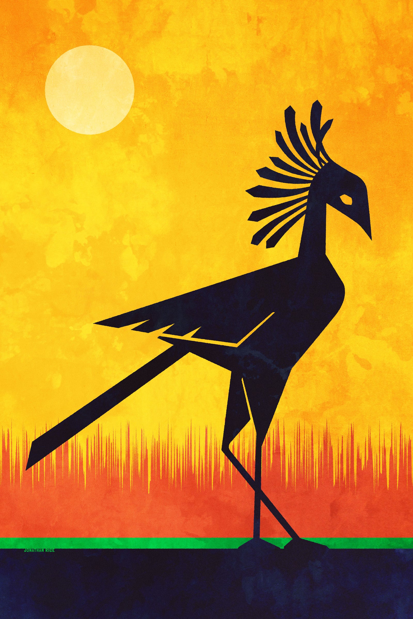 Beautiful primitive art print of an African Secretarybird on the savannah created in a mid-century modern style with bold gold, red, green and black colors.