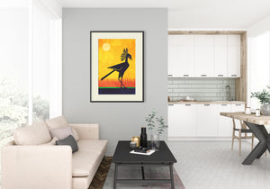 Beautiful primitive art print of an African Secretarybird on the savannah created in a mid-century modern style with bold gold, red, green and black colors.