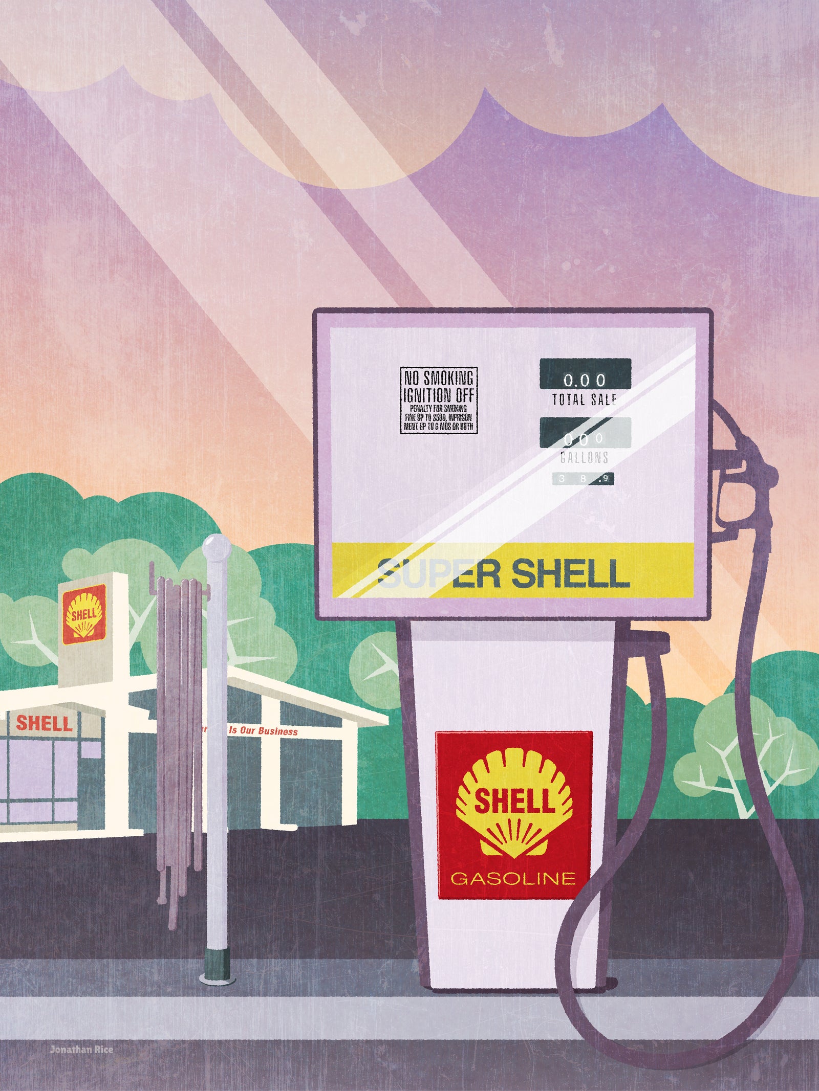 Vintage 1970s Shell Oil Gas Pump modern Art Print with gas station in background..