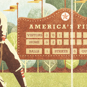 Detail of Retro styled giclée art print of an American Baseball Shortstop catching a ground ball. The baseball player is caught in the act of catching a ground ball inside a local ballpark. It’s warm color palette, gritty texture and vintage typography will make a great impression in any room.