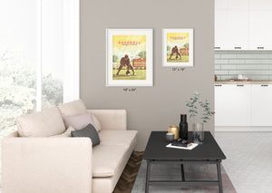 Retro styled giclée art print of an American Baseball Shortstop catching a ground ball. The baseball player is caught in the act of catching a ground ball inside a local ballpark. It’s warm color palette, gritty texture and vintage typography will make a great impression in any room. Two Sizes.