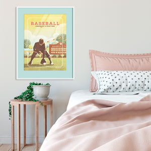 Retro styled giclée art print of an American Baseball Shortstop catching a ground ball. The baseball player is caught in the act of catching a ground ball inside a local ballpark. It’s warm color palette, gritty texture and vintage typography will make a great impression in any room.