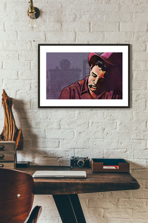 Modern style giclée art print of a cowboy smoking a cigarette in a cabin. It is richly colored, yet has gritty texture overall. There is a fireplace with mantle in the background.