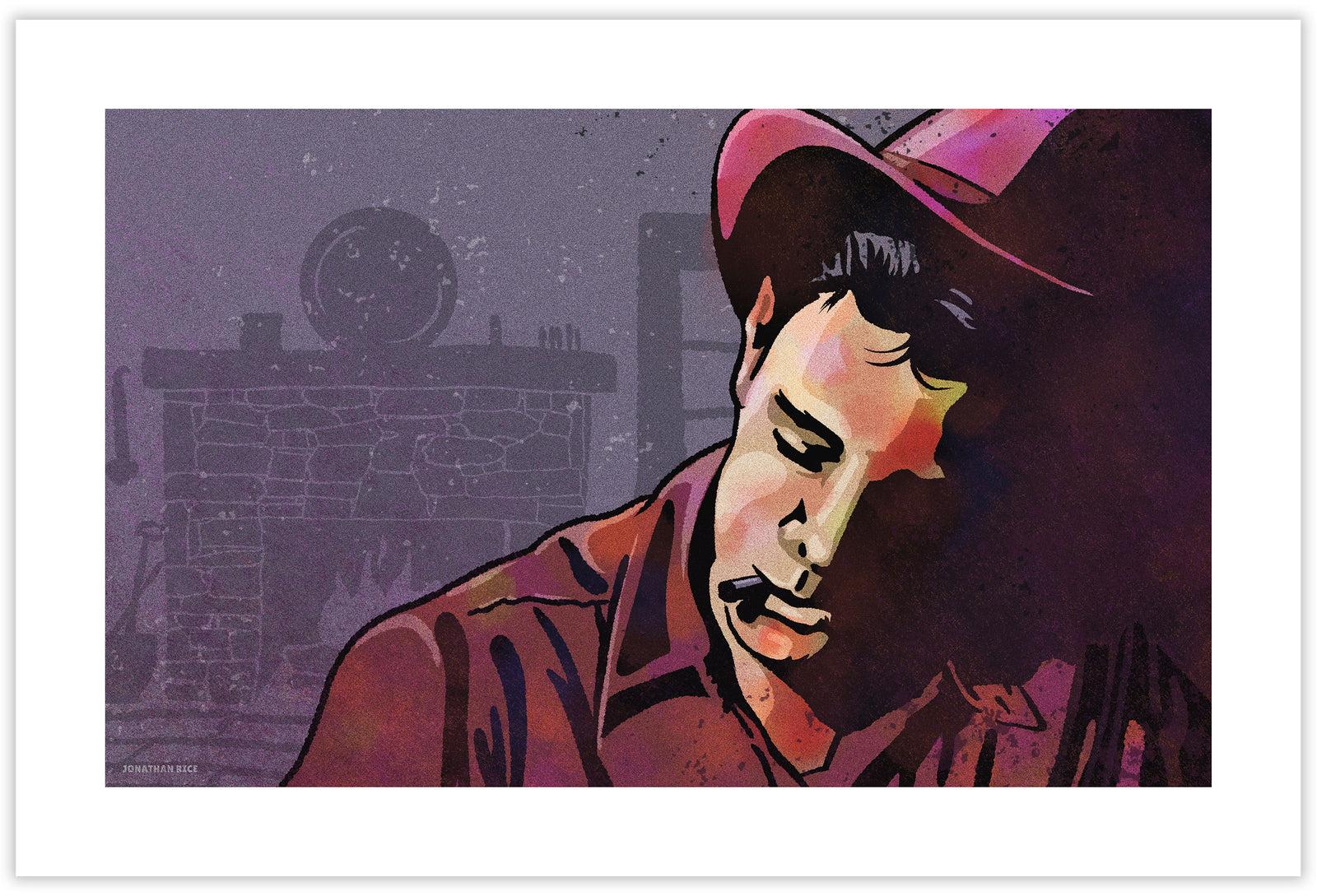 Modern style giclée art print of a cowboy smoking a cigarette in a cabin. It is richly colored, yet has gritty texture overall. There is a fireplace with mantle in the background.