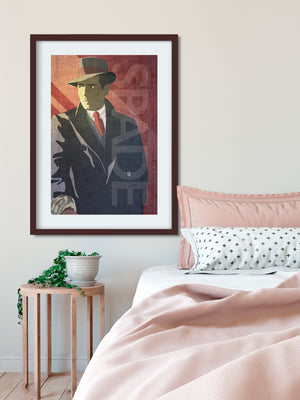 Modern art print of private eye Sam Spade in his signature trench coat and hat.