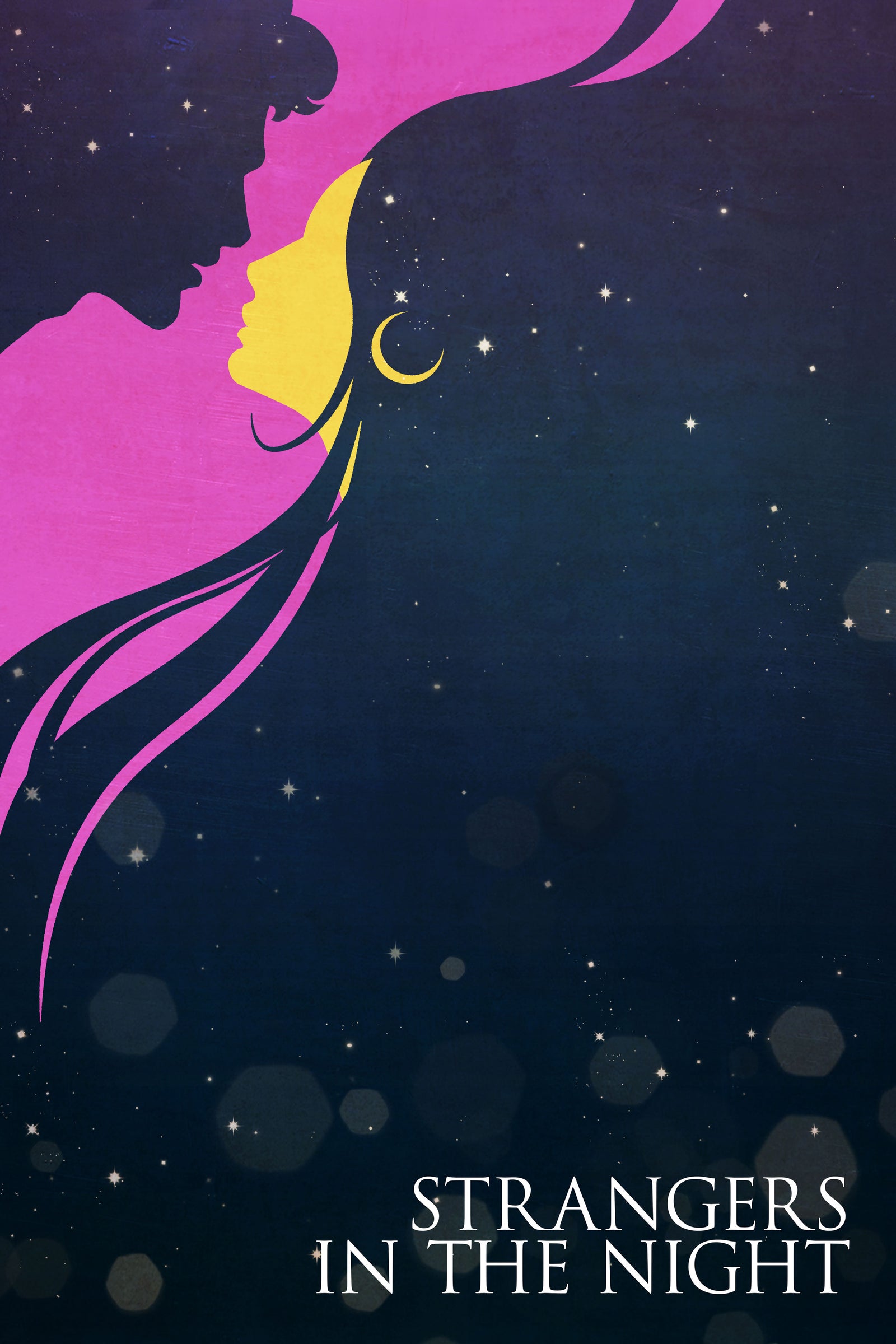 Mid-century style Art Print of a pair of lovers blended with a scene of moon and stars with the title "Strangers In The Night".