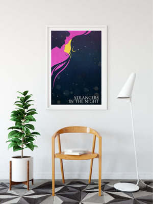 Mid-century style Art Print of a pair of lovers blended with a scene of moon and stars with the title "Strangers In The Night".