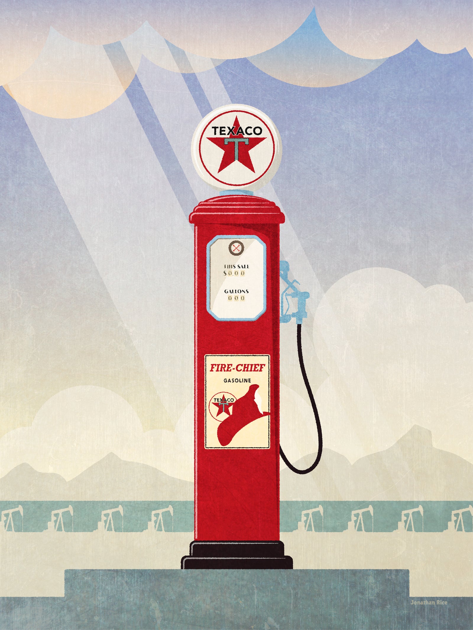 Vintage Texaco Gas Pump Giclee Art Print with Fire Chief logo and oil pumps in background.