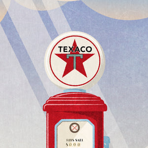Vintage Texaco Gas Pump Giclee Art Print with Fire Chief logo and oil pumps in background.