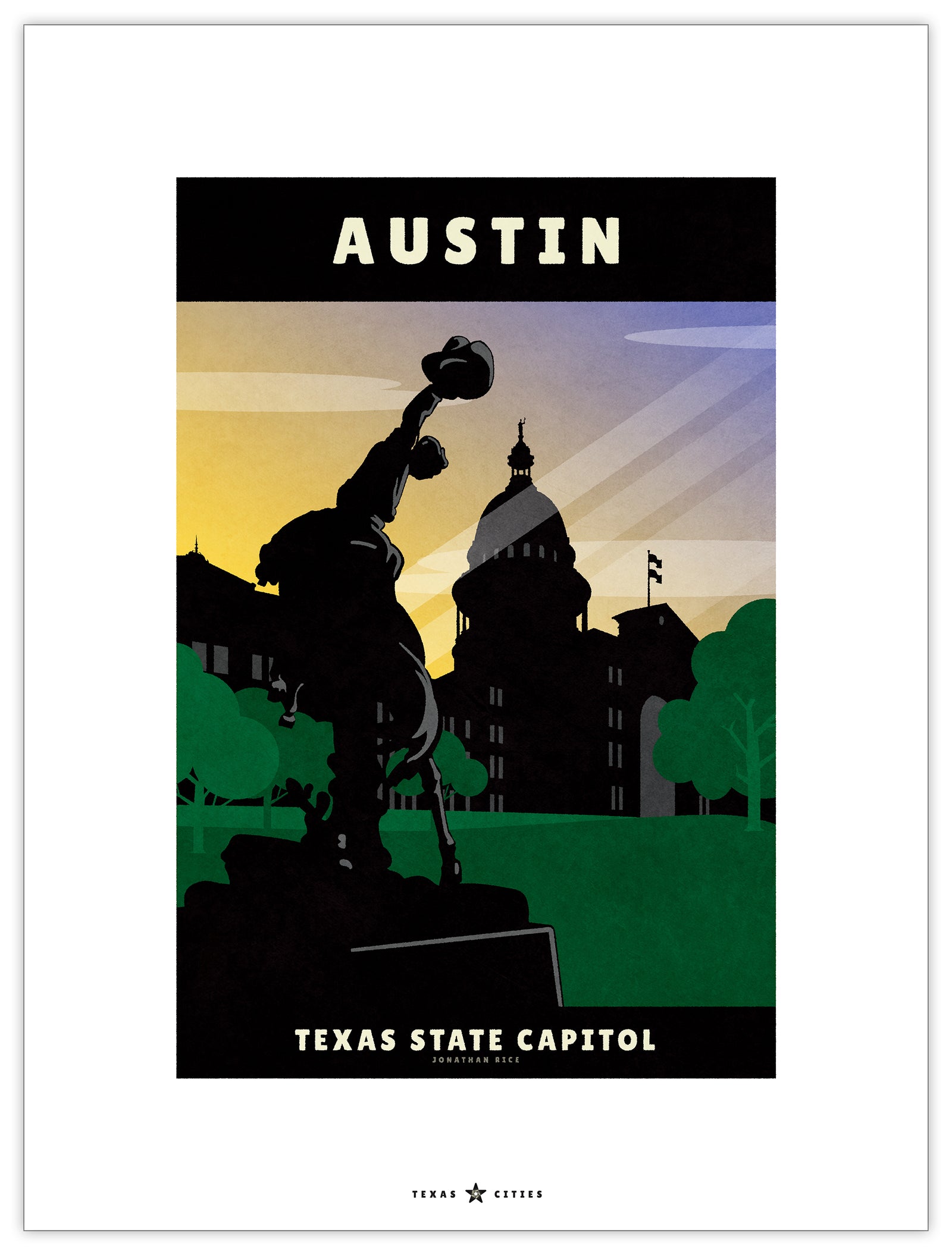 Art print and travel poster of the Texas State Capitol building in Austin, Texas featuring a sculpture of a cowboy riding a horse in the foreground and the Capitol dome with sun rays in the background.