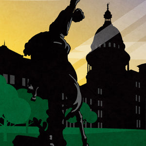 Art print and travel poster of the Texas State Capitol building in Austin, Texas featuring a sculpture of a cowboy riding a horse in the foreground and the Capitol dome with sun rays in the background.