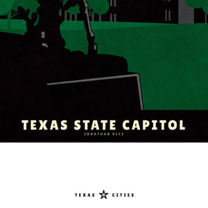 Art print and travel poster of the Texas State Capitol building in Austin, Texas featuring a sculpture of a cowboy riding a horse in the foreground and the Capitol dome with sun rays in the background.