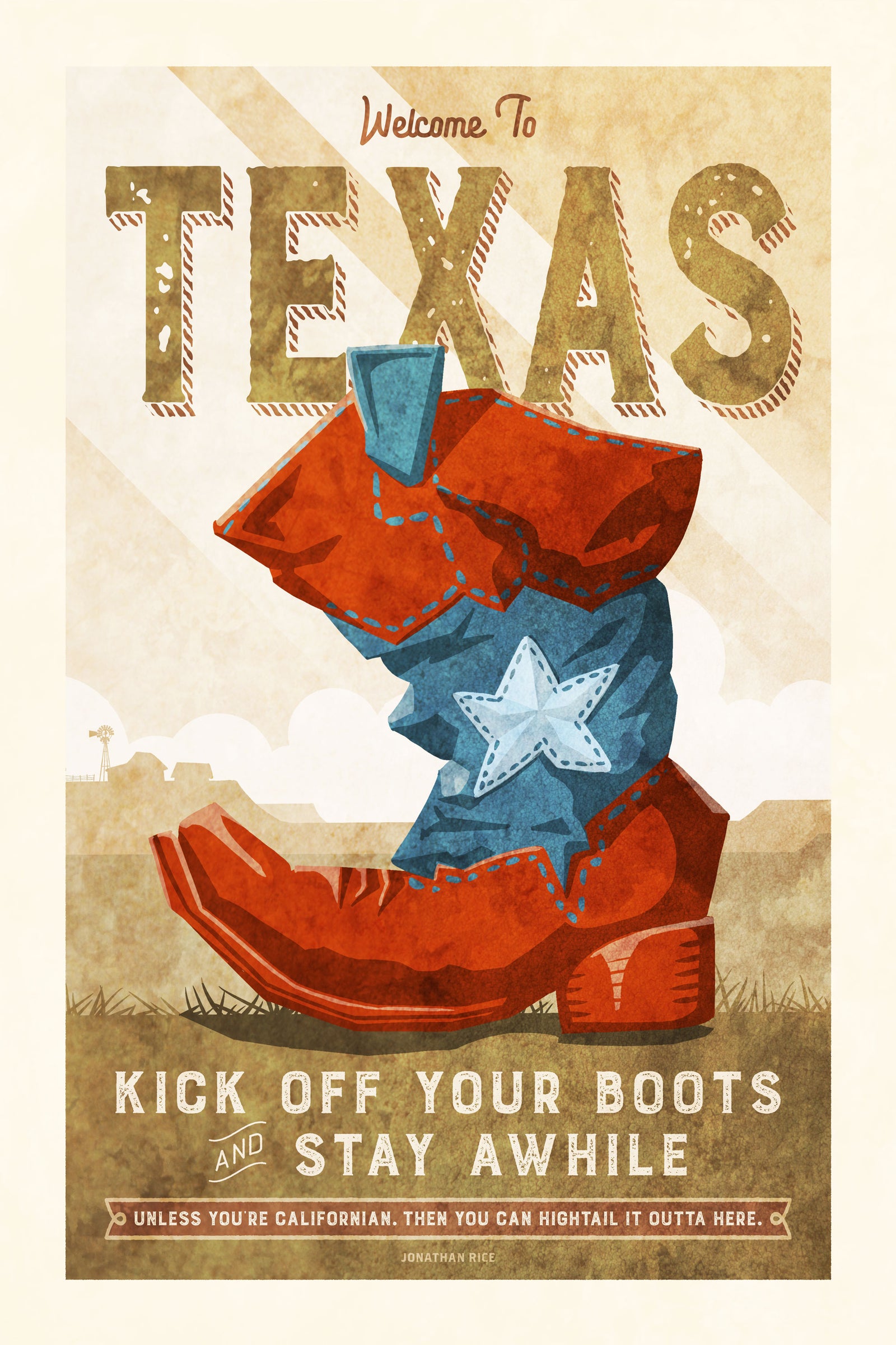 Art print travel poster of Texas with old cowboy boot with flag motif and dusty bluff with farmhouse in background.