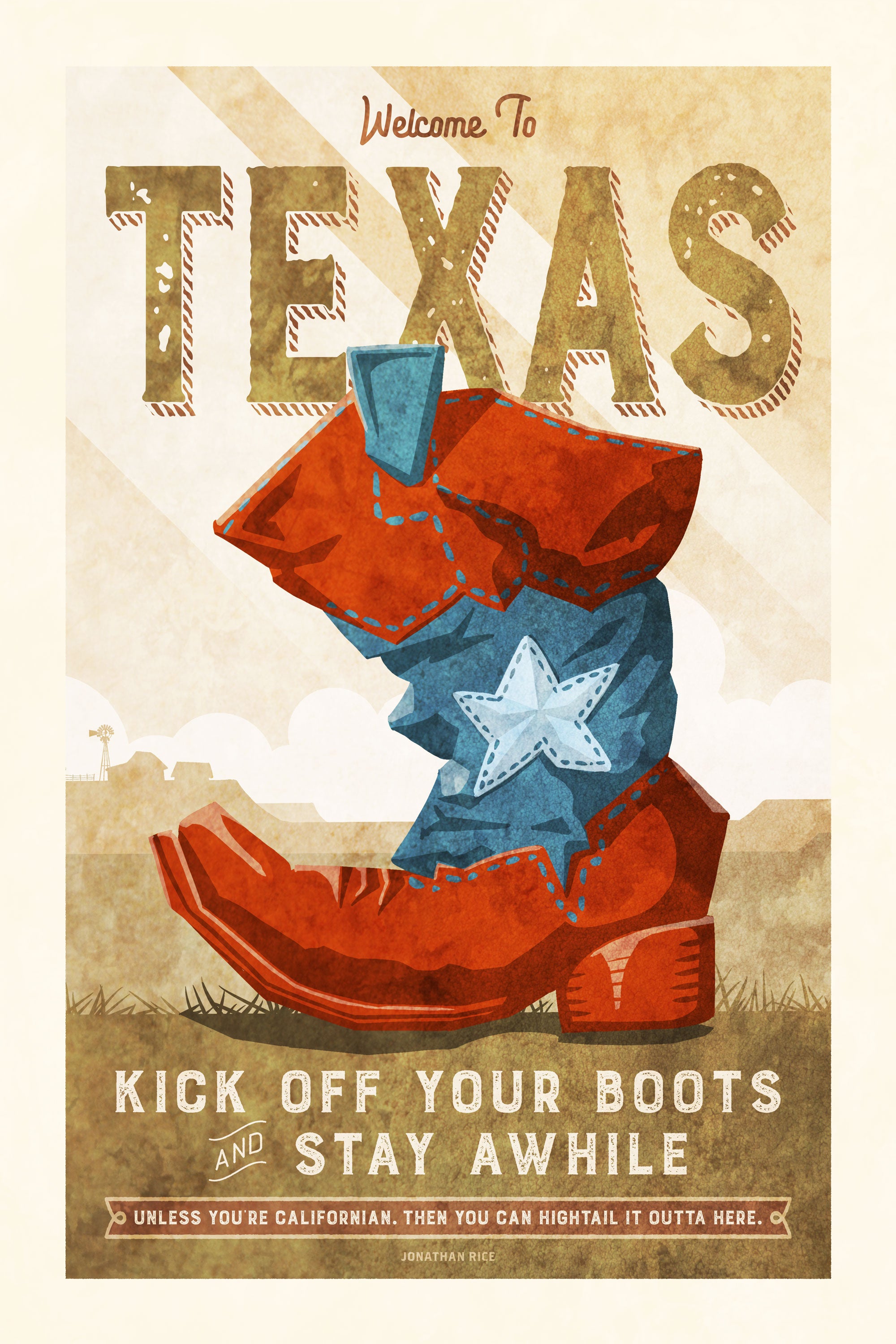 Art print travel poster of Texas with old cowboy boot with flag motif and dusty bluff with farmhouse in background.