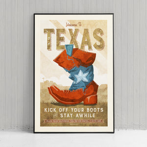 Giclée art print travel poster of Texas with old cowboy boot with flag motif and dusty bluff with farmhouse in background.