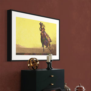 Modern style giclée art print of a cowgirl riding a horse on the plains. It is brightly colored, yet has gritty texture overall. There are mountains in the background.