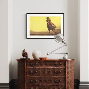 Modern style giclée art print of a cowgirl riding a horse on the plains. It is brightly colored, yet has gritty texture overall. There are mountains in the background.