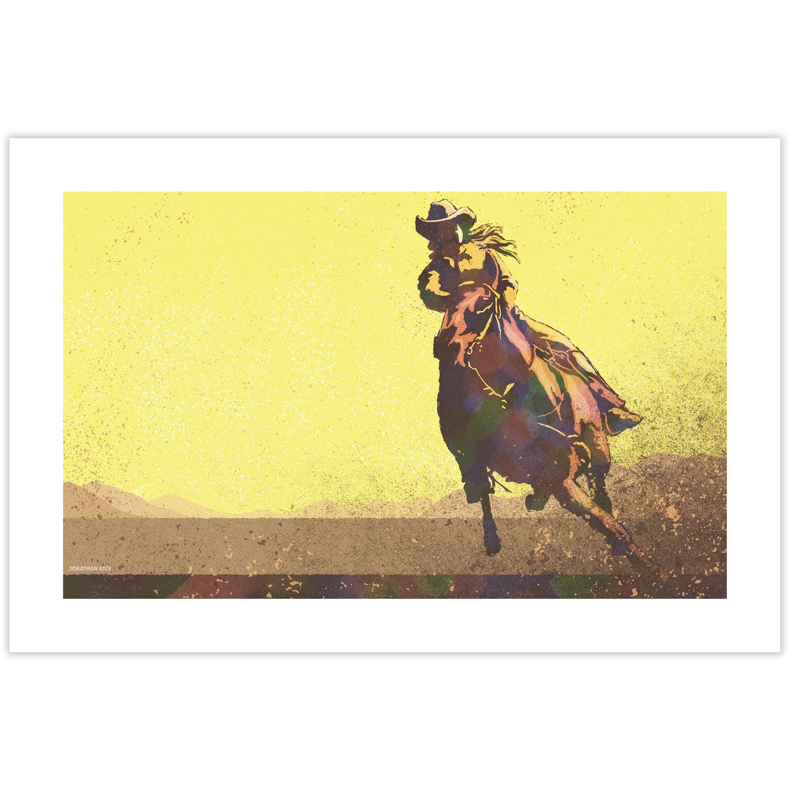 Modern style giclée art print of a cowgirl riding a horse on the plains. It is brightly colored, yet has gritty texture overall. There are mountains in the background.