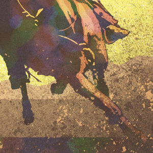 Detail of Modern style giclée art print of a cowgirl riding a horse on the plains. It is brightly colored, yet has gritty texture overall. There are mountains in the background.