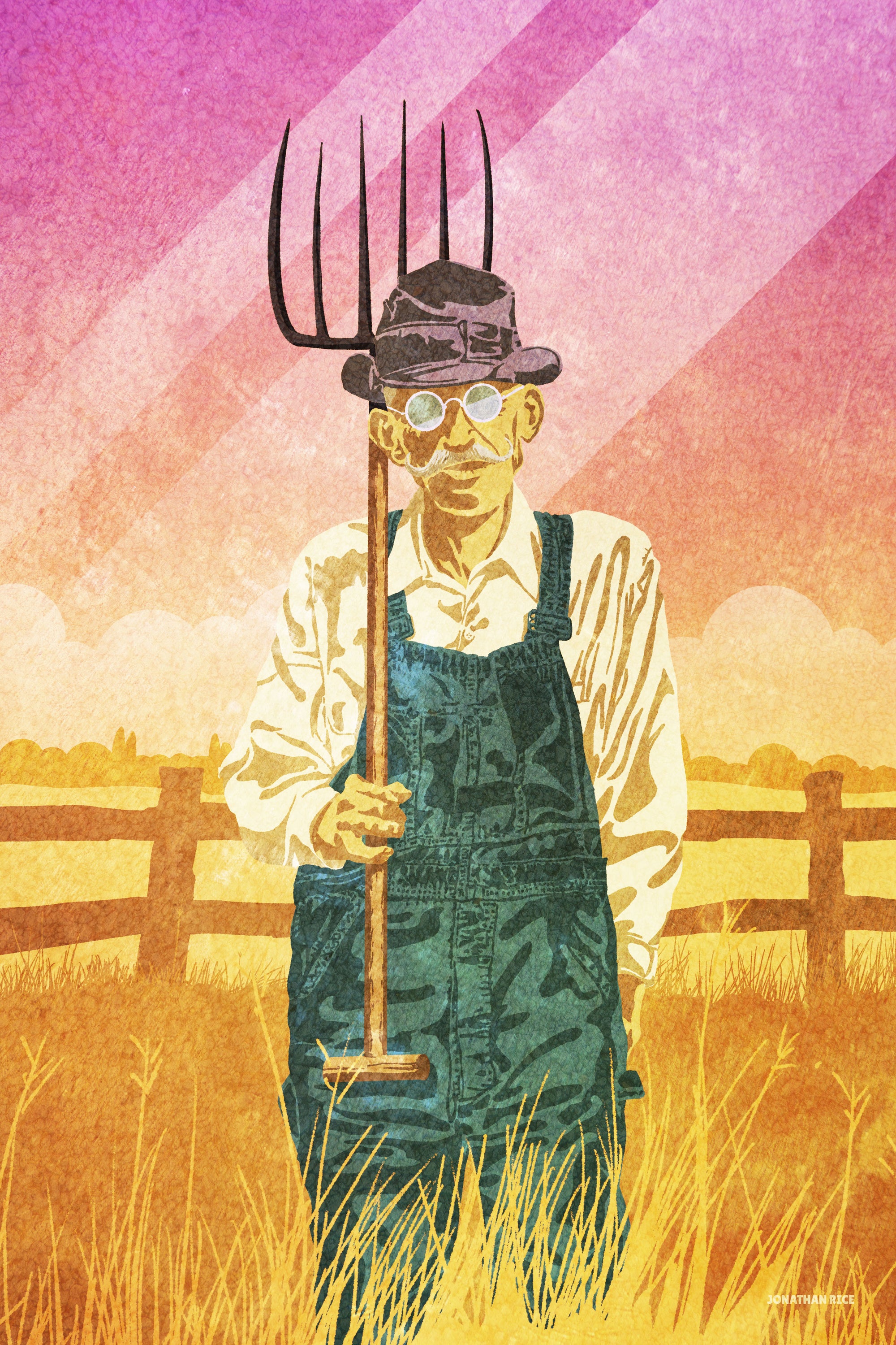 Vintage American giclée art print of an old farmer in overalls, standing in a field holding a pitchfork.