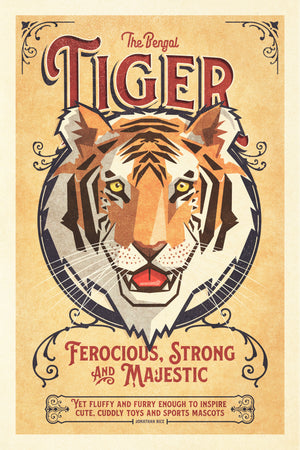 Vintage style humorous Bengal Tiger art print with ornate typography and graphics inspired by old travel, and wildlife posters of the 1930s 40s and 50s.