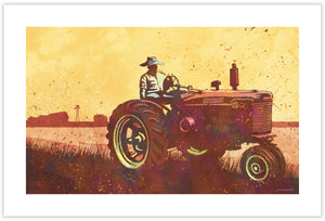 Modern style giclée art print of an old Tractor in a field. It is brightly colored, yet has gritty texture overall. There is a field and farm house with barn in the background.