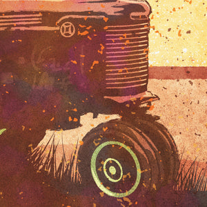 Detail of Modern style giclée art print of an old Tractor in a field. It is brightly colored, yet has gritty texture overall. There is a field and farm house with barn in the background.