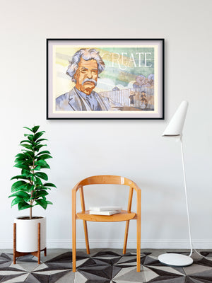 Portrait of Mark Twain with the whitewash fence scene from Tom Sawyer and the word “CREATE”. The poster shows Twain in his trademark, the boys painting the fence and sun rays in the background.