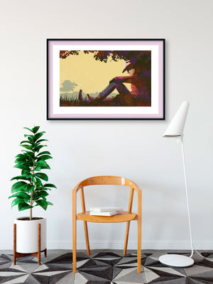 Modern style giclée art print of a cowboy resting under a tree. It is richly colored, yet has gritty texture overall. There are more trees in the background.