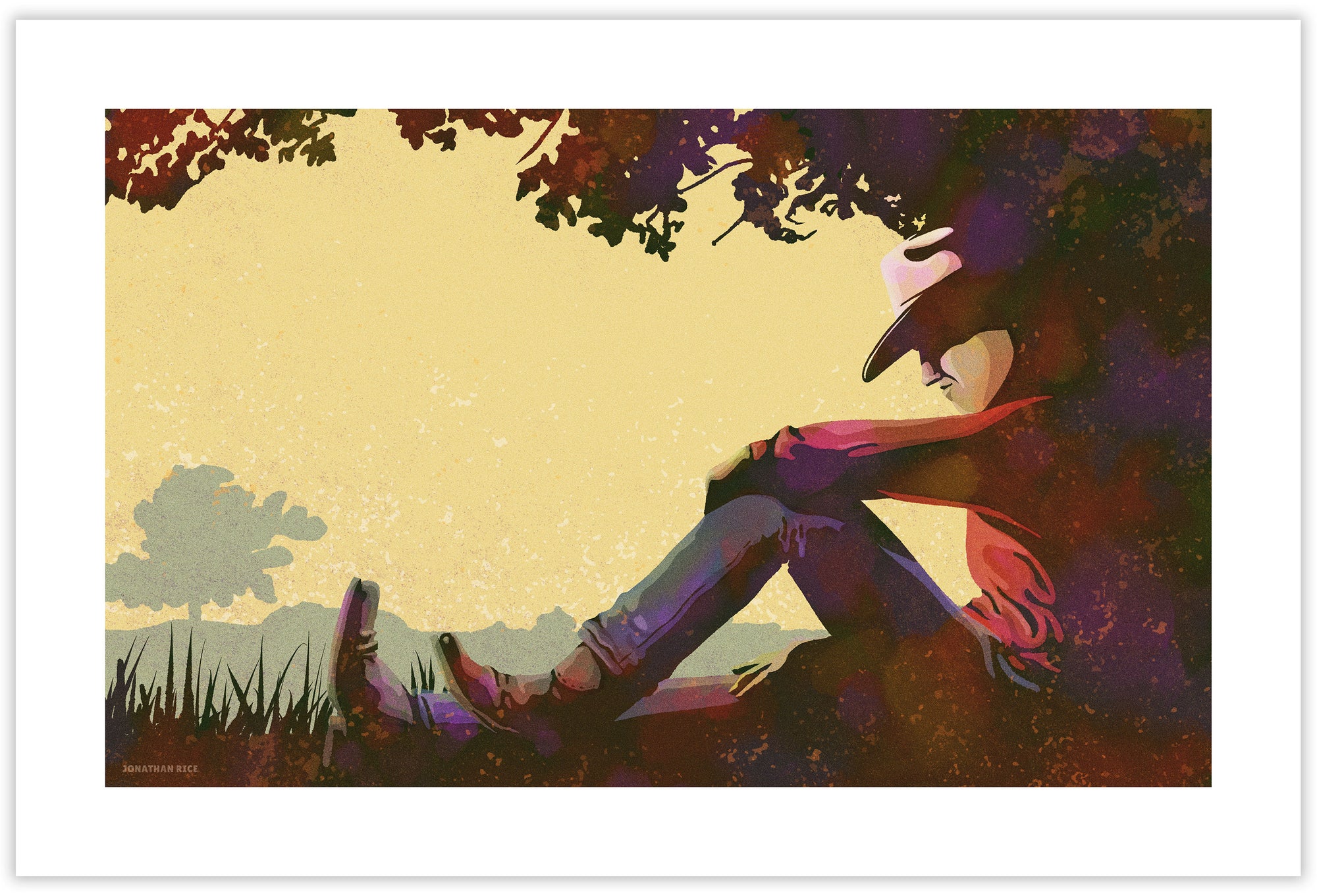 Modern style giclée art print of a cowboy resting under a tree. It is richly colored, yet has gritty texture overall. There are more trees in the background.