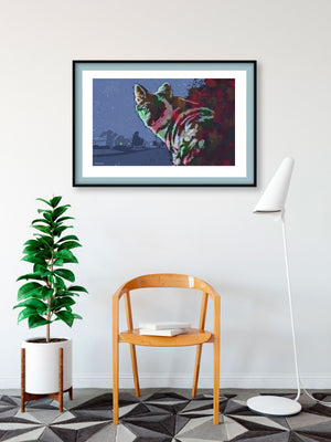 Modern style giclée art print of a Coyote in an urban neighborhood. dusty dark cool background colors, vibrant foreground colors and gritty texture with a minimalist suburban neighborhood in the background.