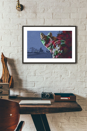 Modern style giclée art print of a Coyote in an urban neighborhood. dusty dark cool background colors, vibrant foreground colors and gritty texture with a minimalist suburban neighborhood in the background.
